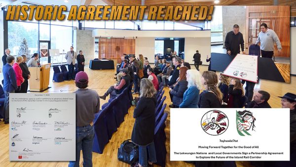 Community members gather for a historic partnership agreement on the Island Rail Corridor future.
