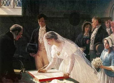 A bride signs a document during a wedding ceremony in a historical setting.