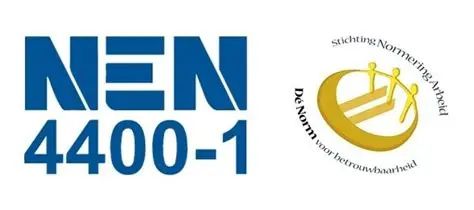 Two logos side by side, one blue with NEN 4400-1 and one gold with Dutch text.