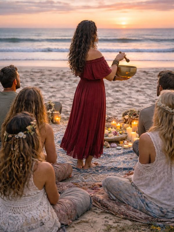 A woman leads a sunset meditation ceremony on the beach surrounded by seated participants.