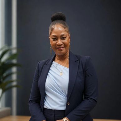 Professional woman in business attire smiling confidently.