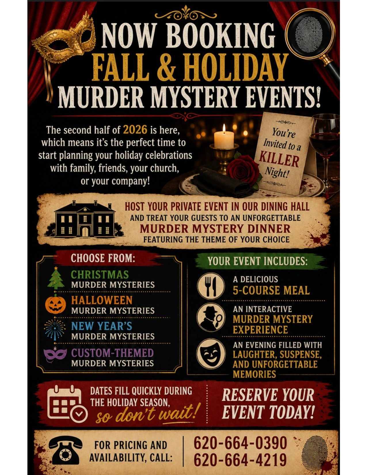 Fall &amp; holiday murder mystery events booking for 2026 with themed dinners.