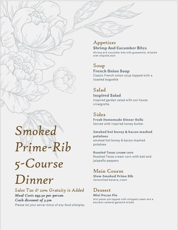 Menu Names For Ribs Smoked Prime Rib 5-Course Dinner