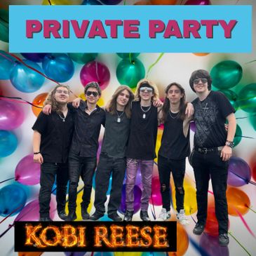 A group of six young men posing at a private party with colorful balloons.
