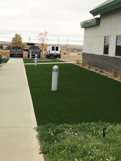 Artificial turf lawn with light fixtures beside a sidewalk and parked trucks.