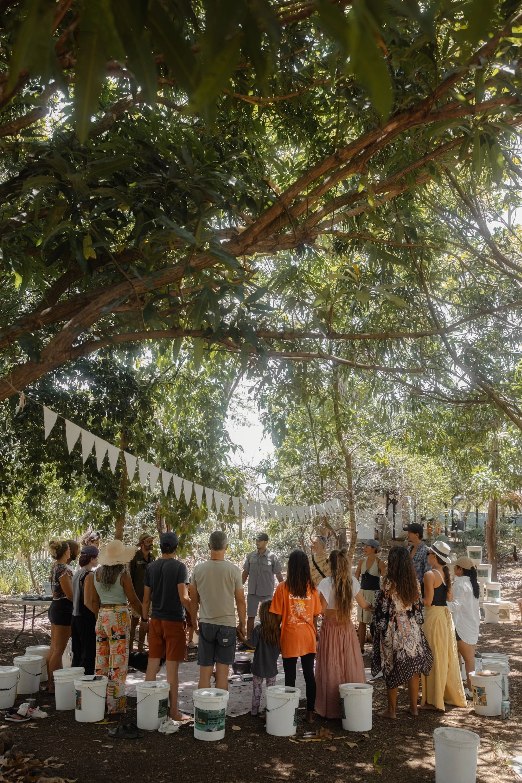 Group of people gathered outdoors under trees with white buckets arranged around them.