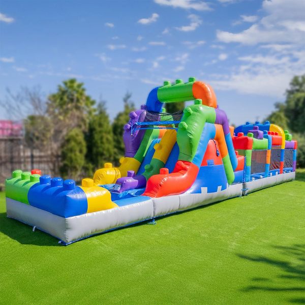 Our Block Party obstacle course and dual wet or dry slide! 