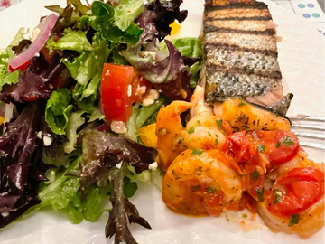 Seared Salmon with Shrimp in a Tomato Garlic Sauce and a Simple Salad
