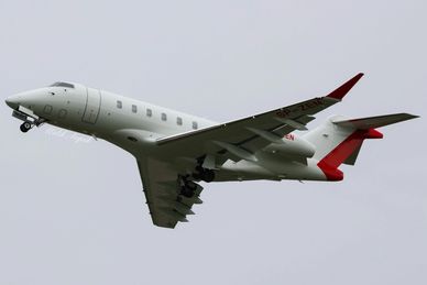 Private jet ascending with landing gear extended against a gray sky.