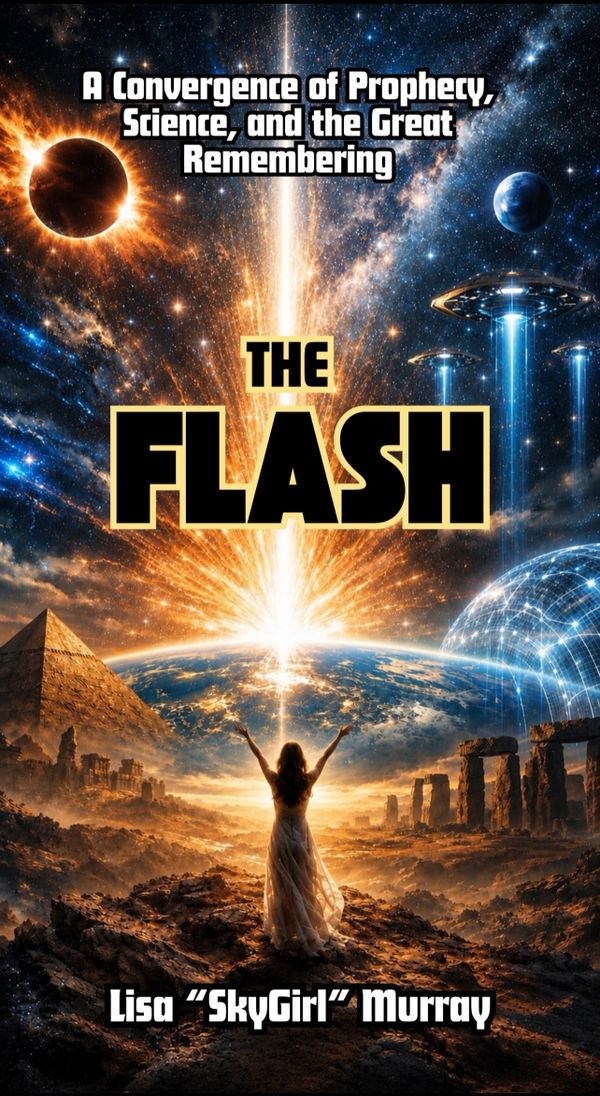 Book cover showing cosmic convergence with pyramids, ancient ruins, and a woman reaching toward a bright cosmic event.
