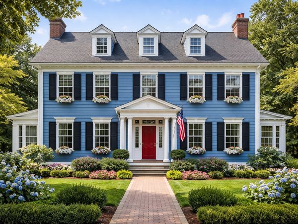 Classic blue colonial house with white trim and a red door, surrounded by lush gardens.