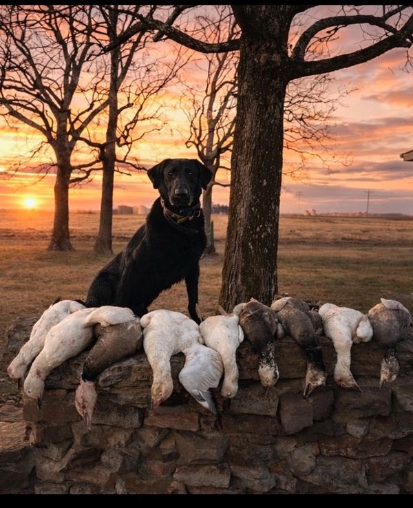 Black dog with hunted birds at sunset.