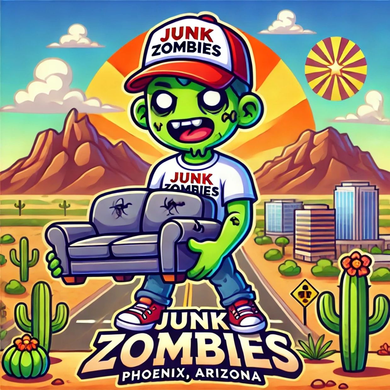 photo of a zombie holding a couch. says junk zombies Phoenix Arizona in the photo