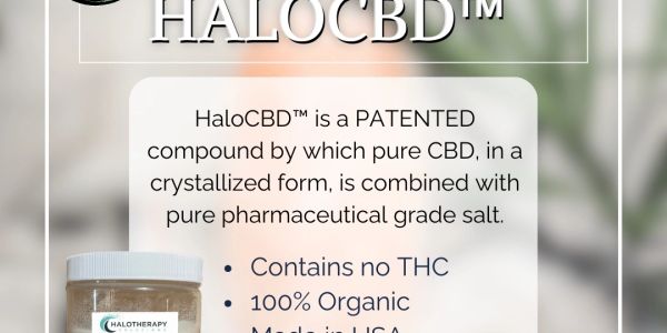 Promotional image for HaloCBD, a patented pure CBD compound combined with pharmaceutical grade salt.