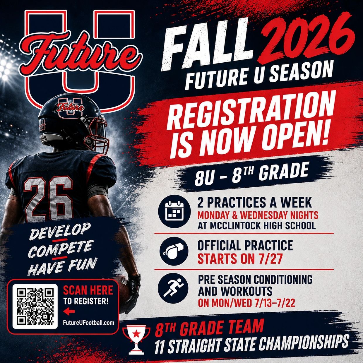 Future U Fall 2026 football registration is now open for 8th grade players.