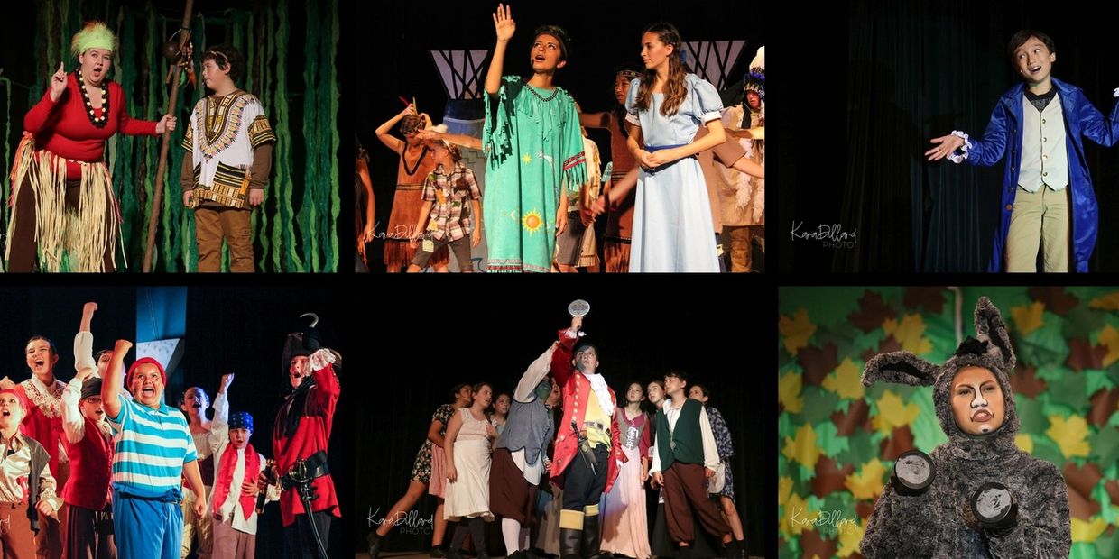 Collage of vibrant theatrical scenes with actors in diverse costumes performing on stage.