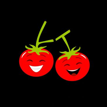 Two happy cherries with smiling faces on a black background.