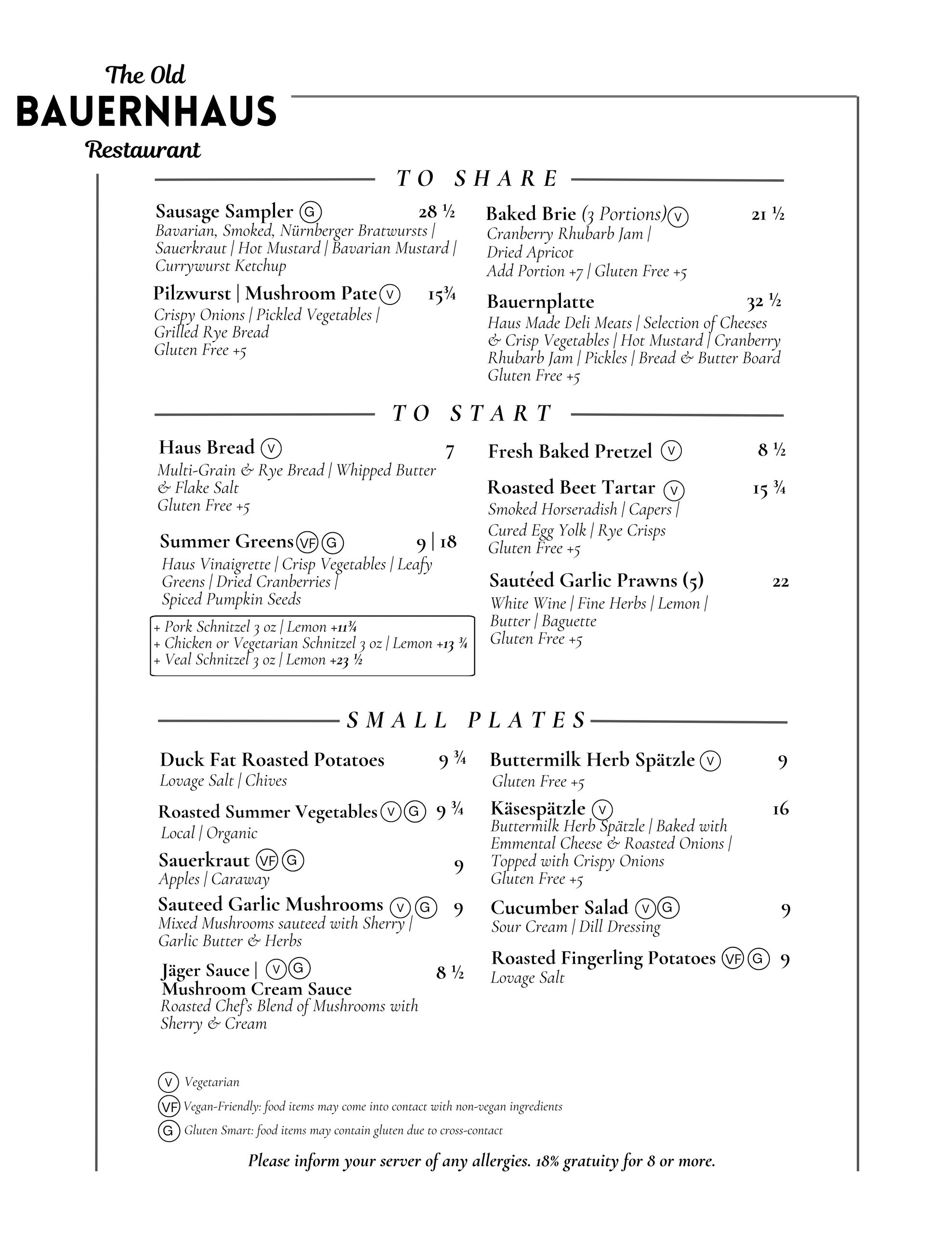 Menu section featuring shareable dishes, starters, and small plates with vegetarian and gluten options.