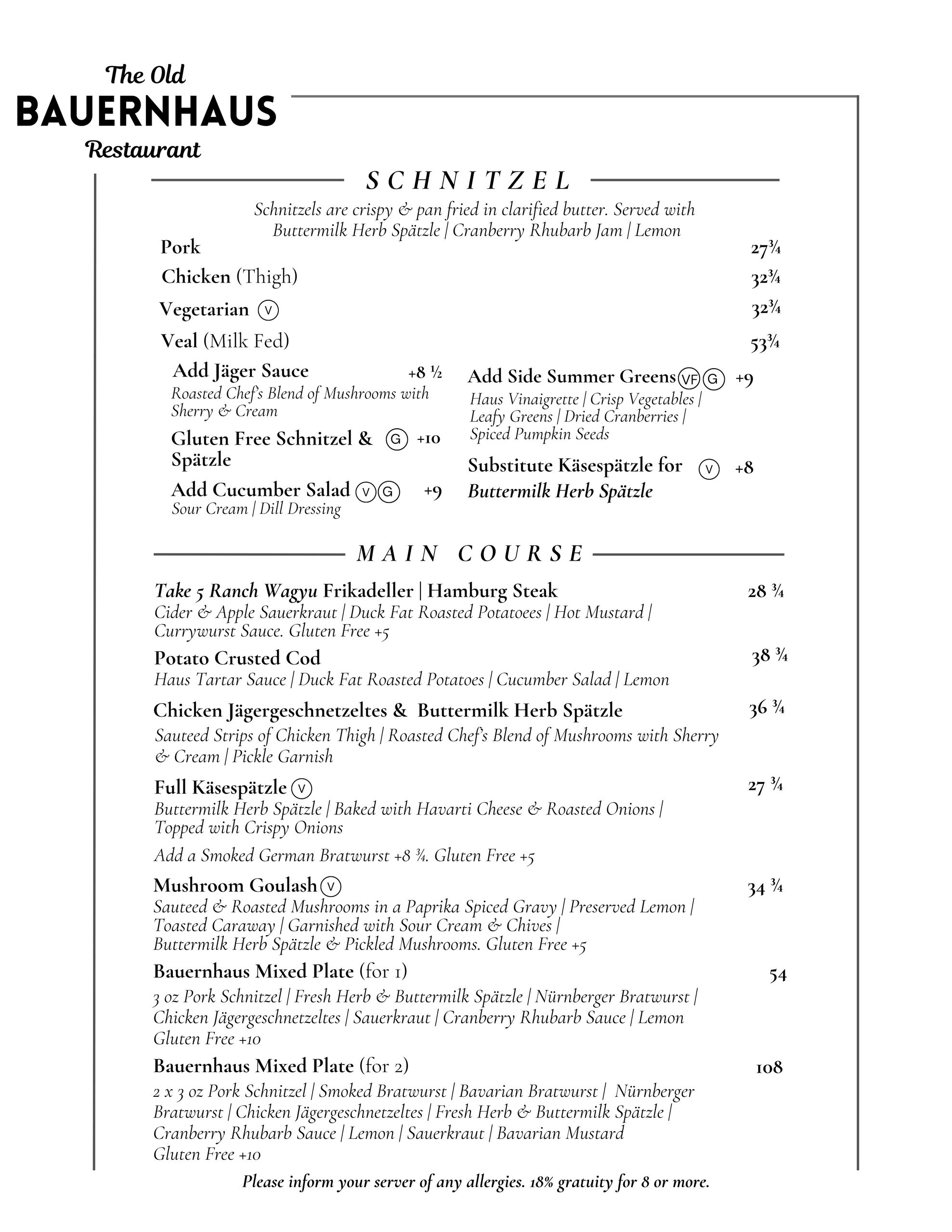Menu from The Old Bauernhaus featuring schnitzel and main course options with detailed descriptions and prices.