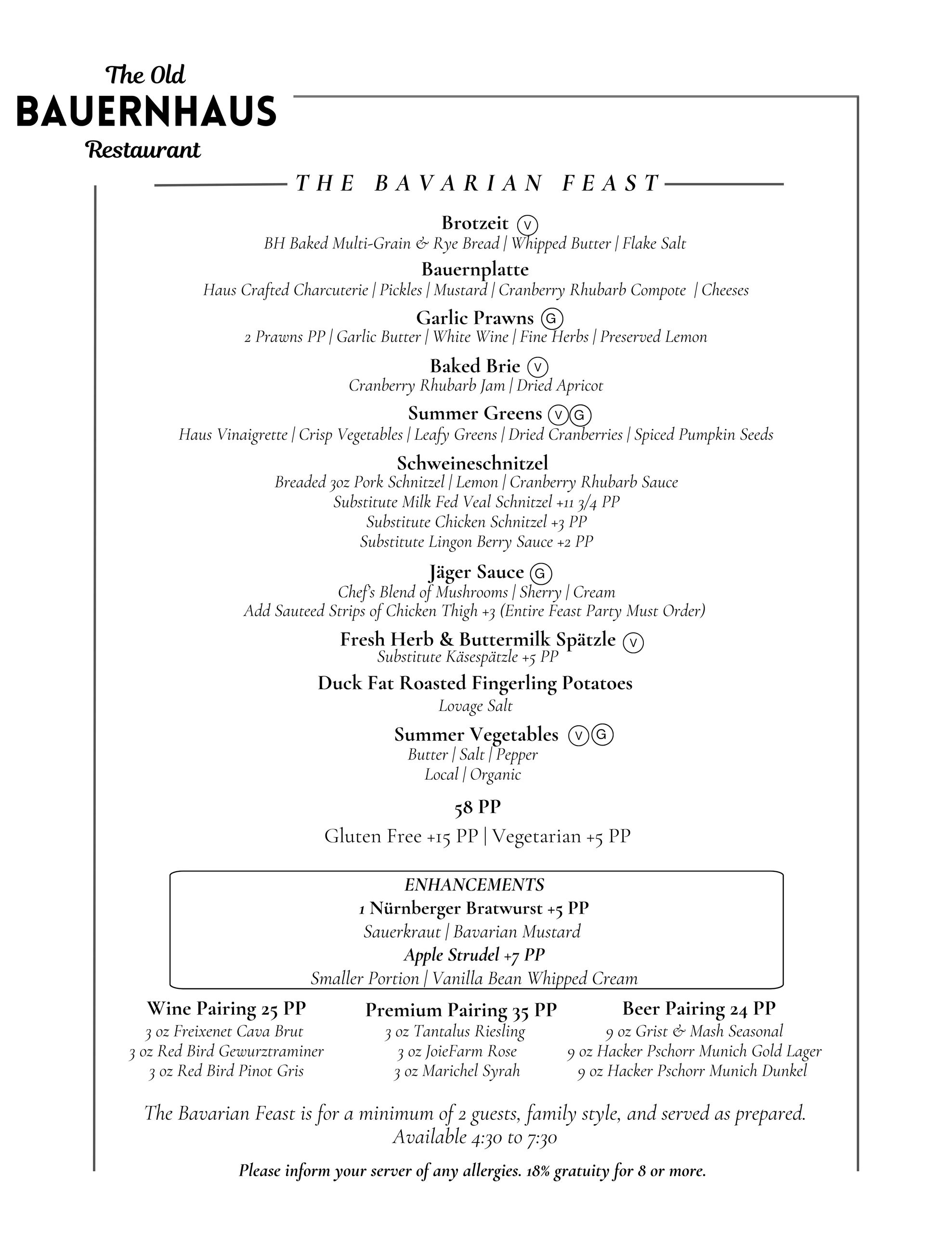 Menu from The Old Bauernhaus Restaurant featuring a Bavarian feast with various dishes and pairings.