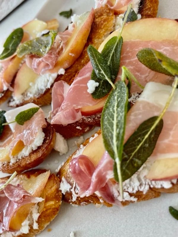 White Peach, Prosciutto, & Fried Sage Crostini