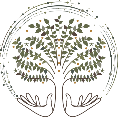 Illustration of hands nurturing a flourishing tree with text in a circular pattern.