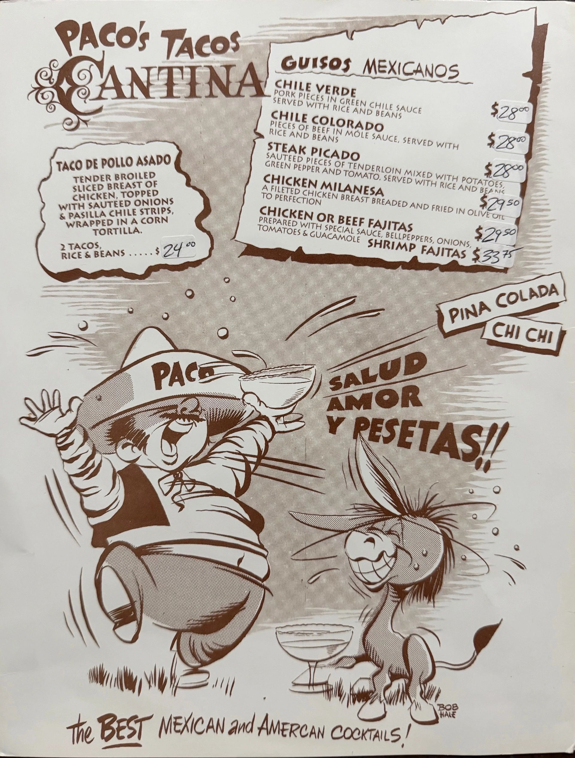 Menu from Paco's Tacos Cantina featuring Mexican dishes and cocktails.