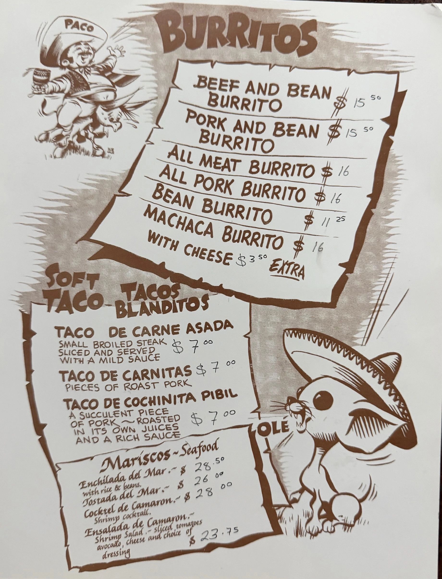 Vintage Mexican menu with burritos, tacos, and seafood listings.