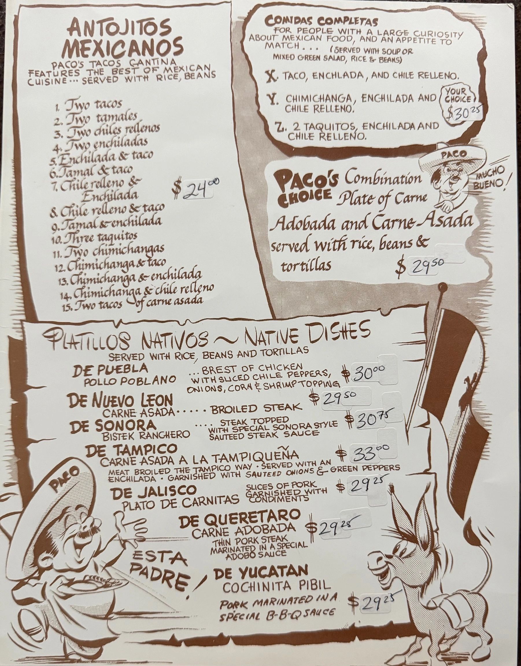 Mexican menu featuring tacos, tamales, tamal, enchiladas, and meat plates with prices.