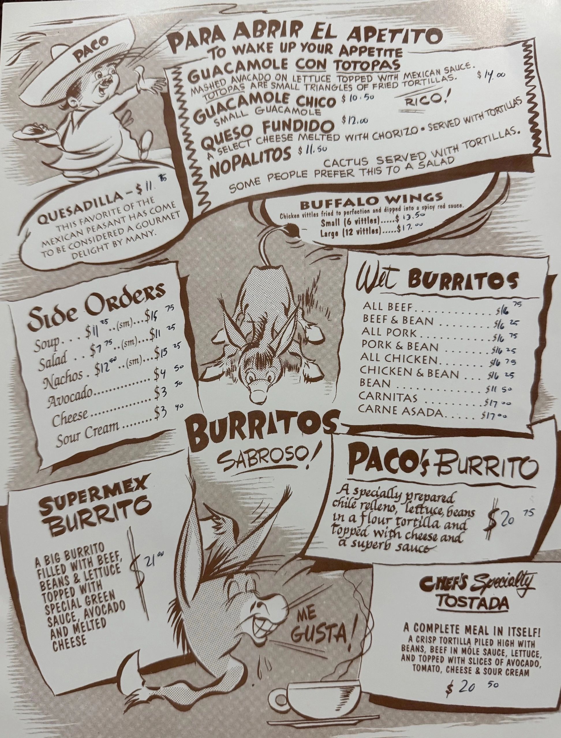 Vintage Mexican restaurant menu with guacamole, burritos, and more.