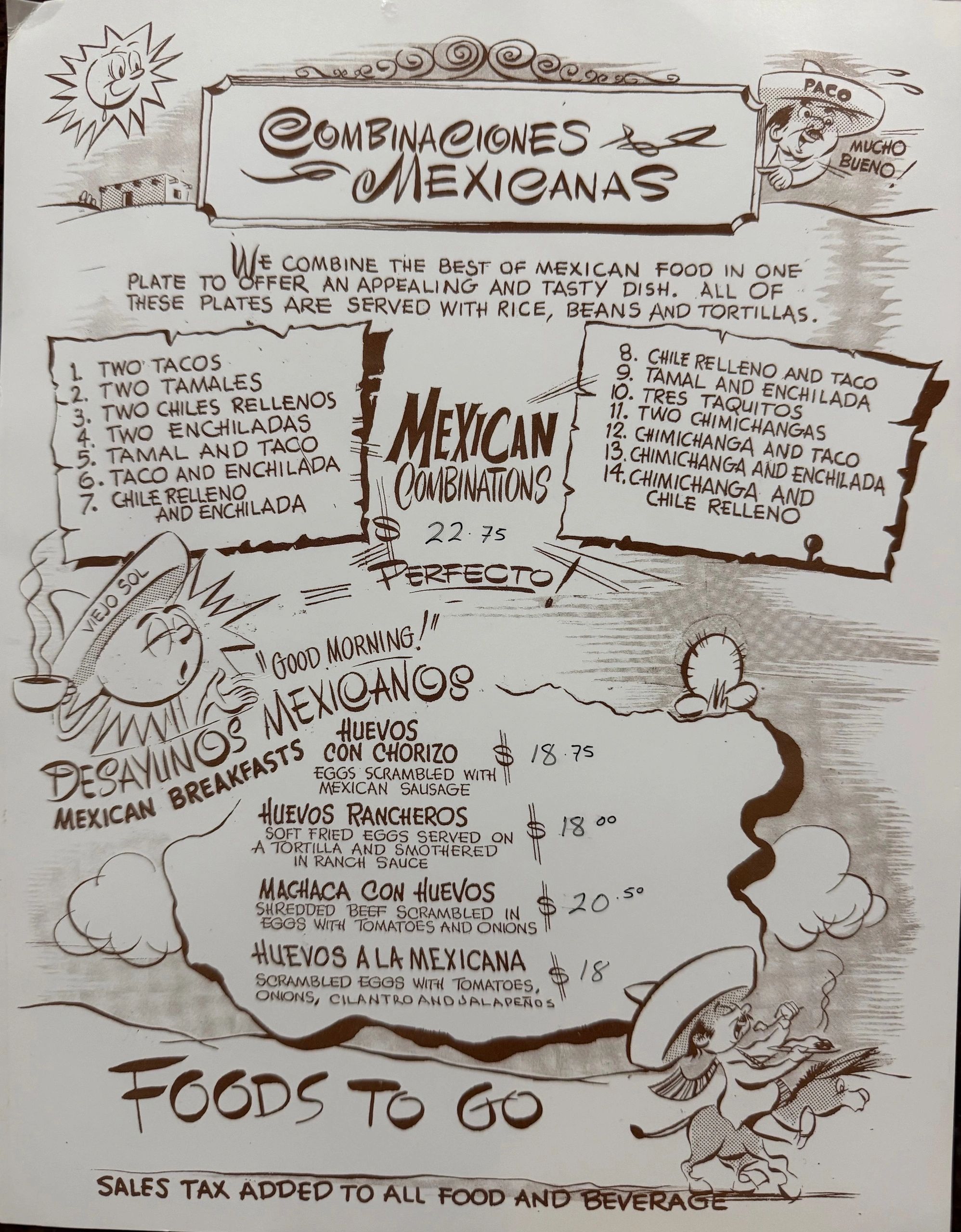 Vintage Mexican food menu with daily combos and breakfast items.
