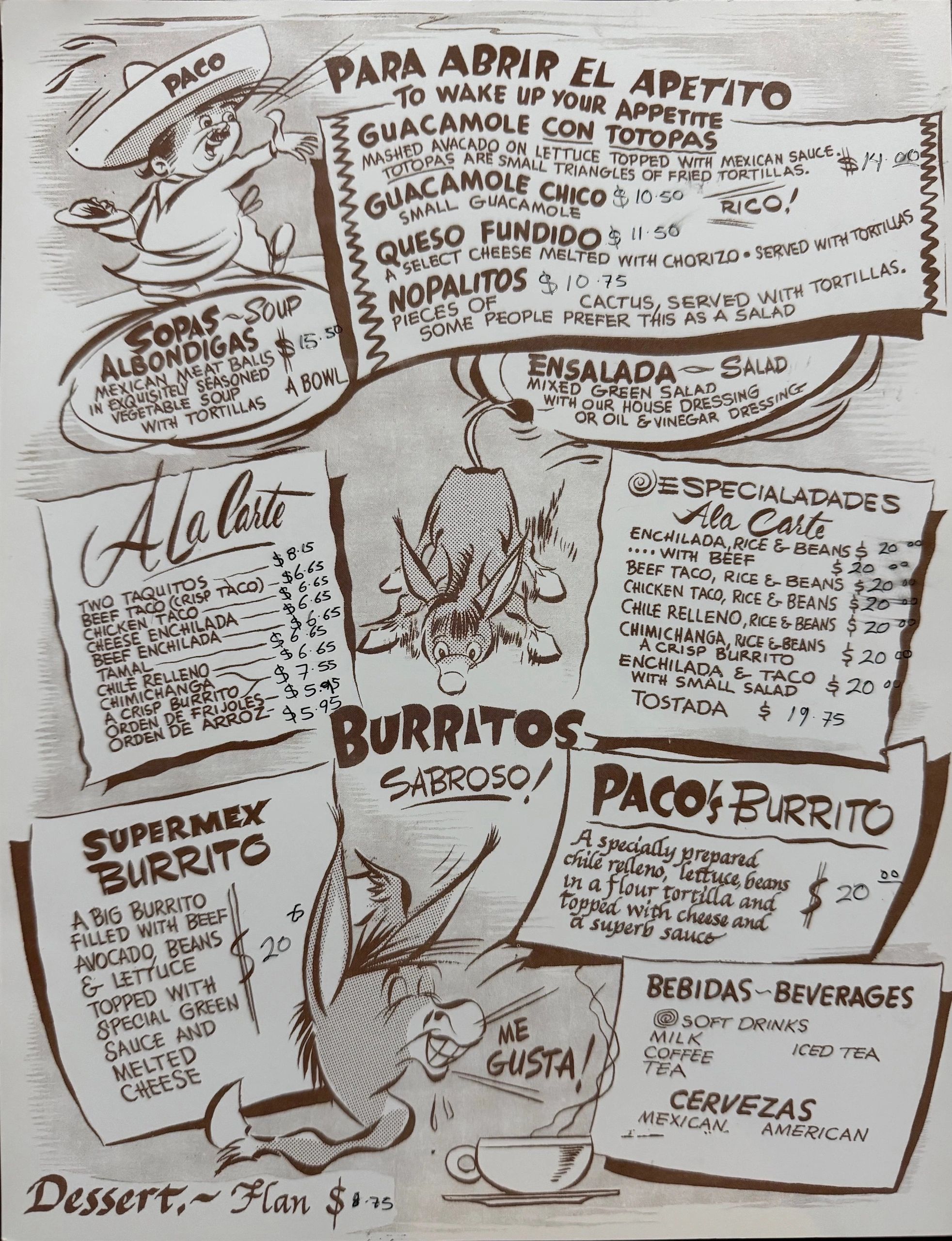 Vintage Mexican restaurant menu with playful illustrations and prices.