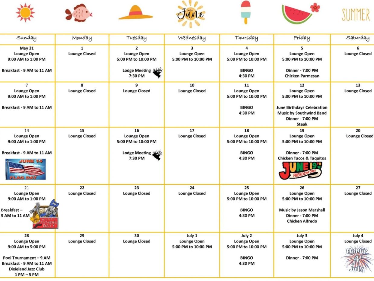 June summer calendar with lounge hours, dinners, and special events.