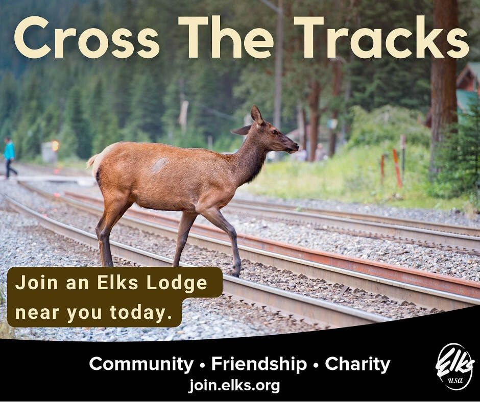 Elk crossing railroad tracks with a call to join an Elks Lodge for community and charity.