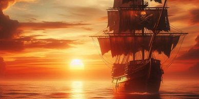 a pirate ship sailing in the sunset