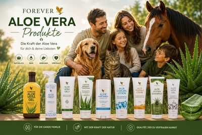 Familie mit Hund präsentieren Aloe Vera Produkte von Forever.