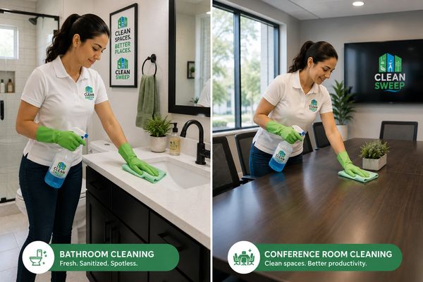 Woman cleaning bathroom and conference room with branded supplies.
