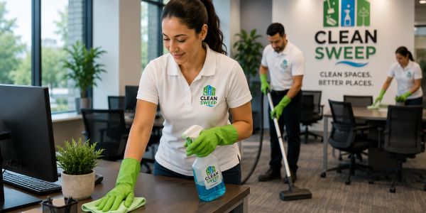 Office cleaning crew at work with "Clean Sweep" uniforms.