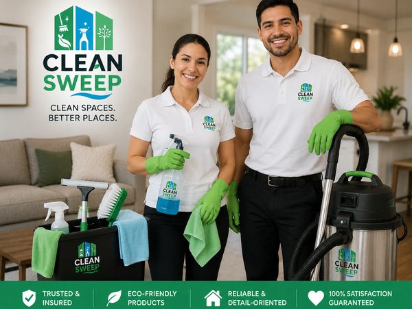Two cleaners with cleaning equipment and Clean Sweep branding.