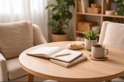 Cozy table setup with books, coffee, and a plant in a softly lit room.