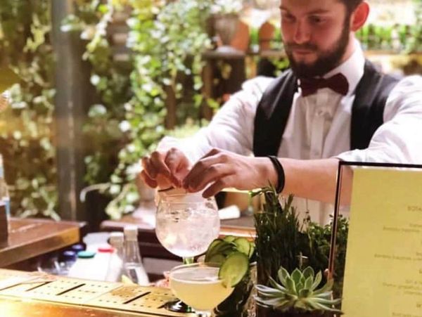 Bartender garnishing a cocktail behind a bar with fresh plants around.