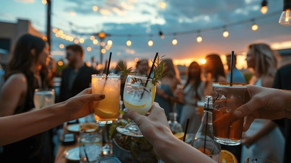 Friends clinking glasses during a sunset party with string lights.