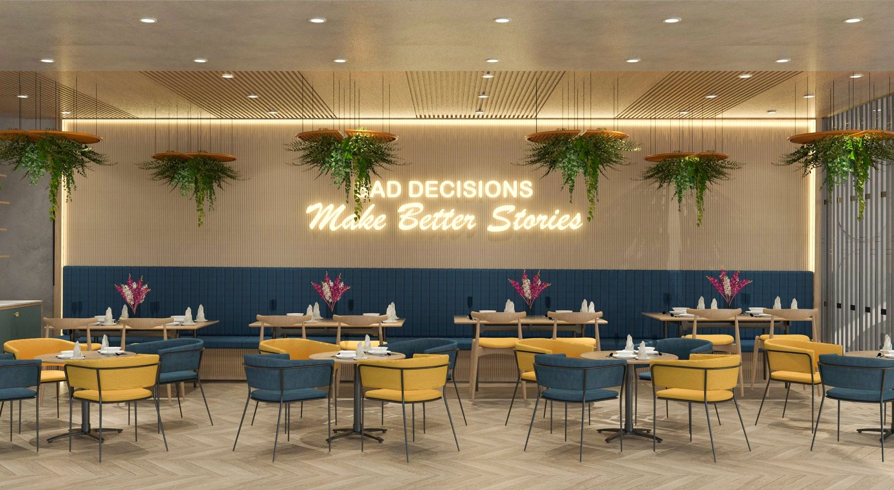 Modern cafe with blue and yellow chairs and hanging plants.