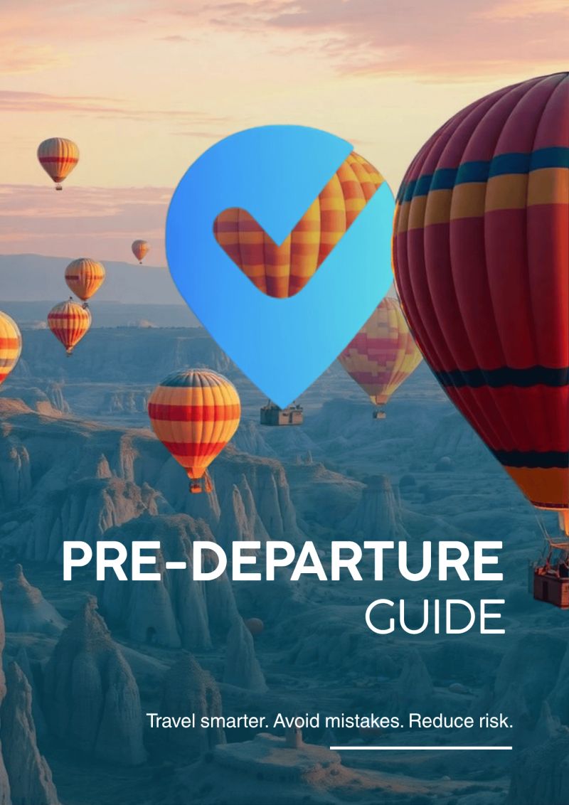 Pre-departure travel guide for international trips featuring visa preparation, travel checklist, and destination planning—smart travel and risk reduction.