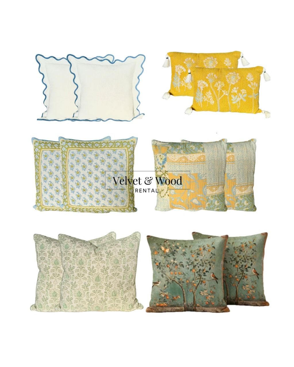 Set of six decorative pillows with various floral and nature designs in soft and vibrant colors.