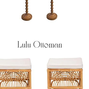 Pair of Lulu Ottoman stools with white cushions and rattan bases.