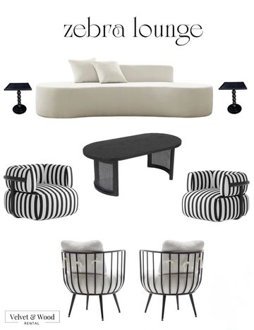 Modern Zebra Lounge set with black and white striped chairs and minimalist sofa.