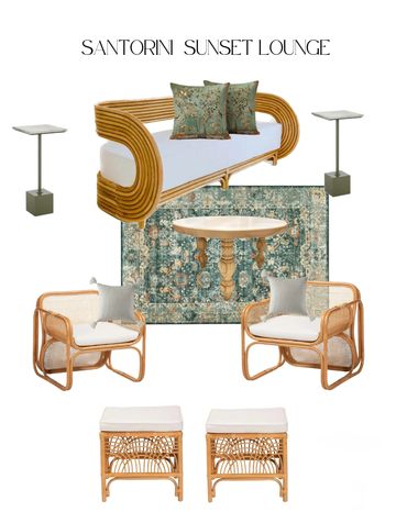 Elegant Santorini Sunset Lounge set with rattan furniture and vintage rug.