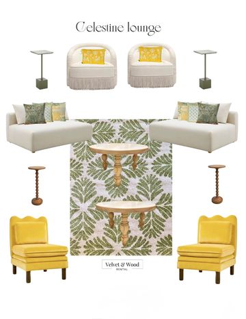 Elegant Celestine lounge setup with yellow and white seating and green leafy accents.