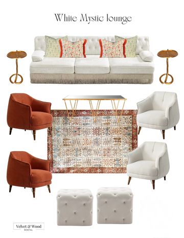 Elegant white and rust lounge setup with plush seating and decorative pillows.
